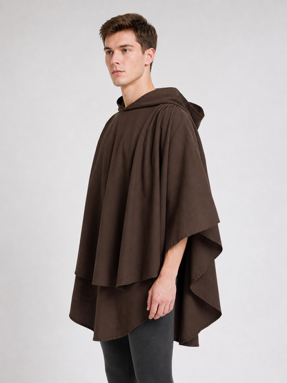 Women's Hooded Wanderer Cloak Costume with Layered Hem, Shoulder Draped Pleats