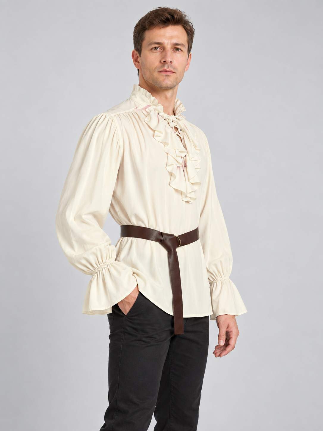 Beige shirt with a jabot, puffed sleeves, and a belt