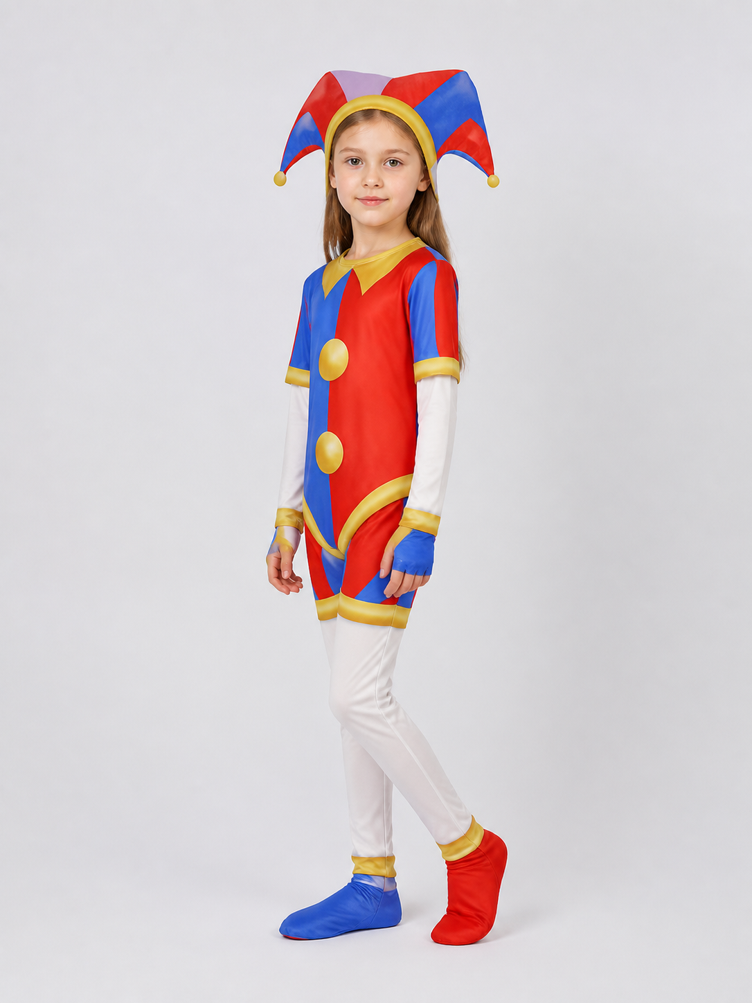 Pomni Cosplay Costume: Clown Jumpsuit with Hat side view