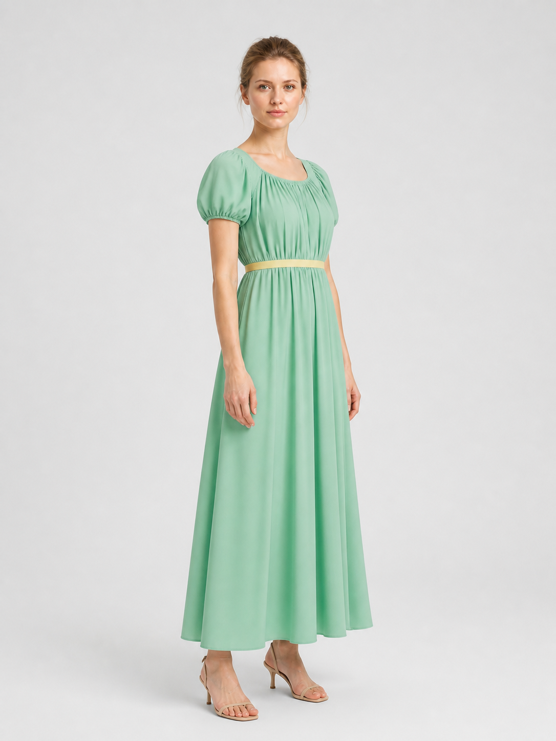 Mint Bridgerton Dress with Puff Sleeves and High Waist side view