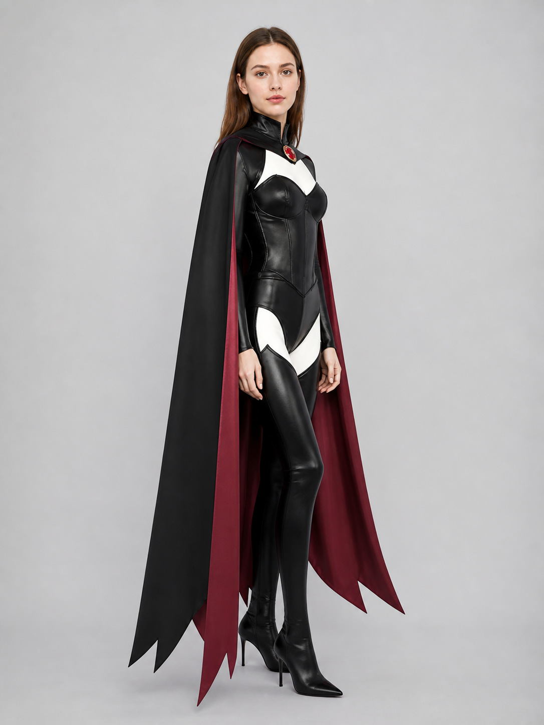 X-Men cosplay costume with cape in a black and burgundy color scheme. The set includes a one-piece costume and a cape, combined into a striking look for role-play transformations and themed events, including Halloween. The design features a