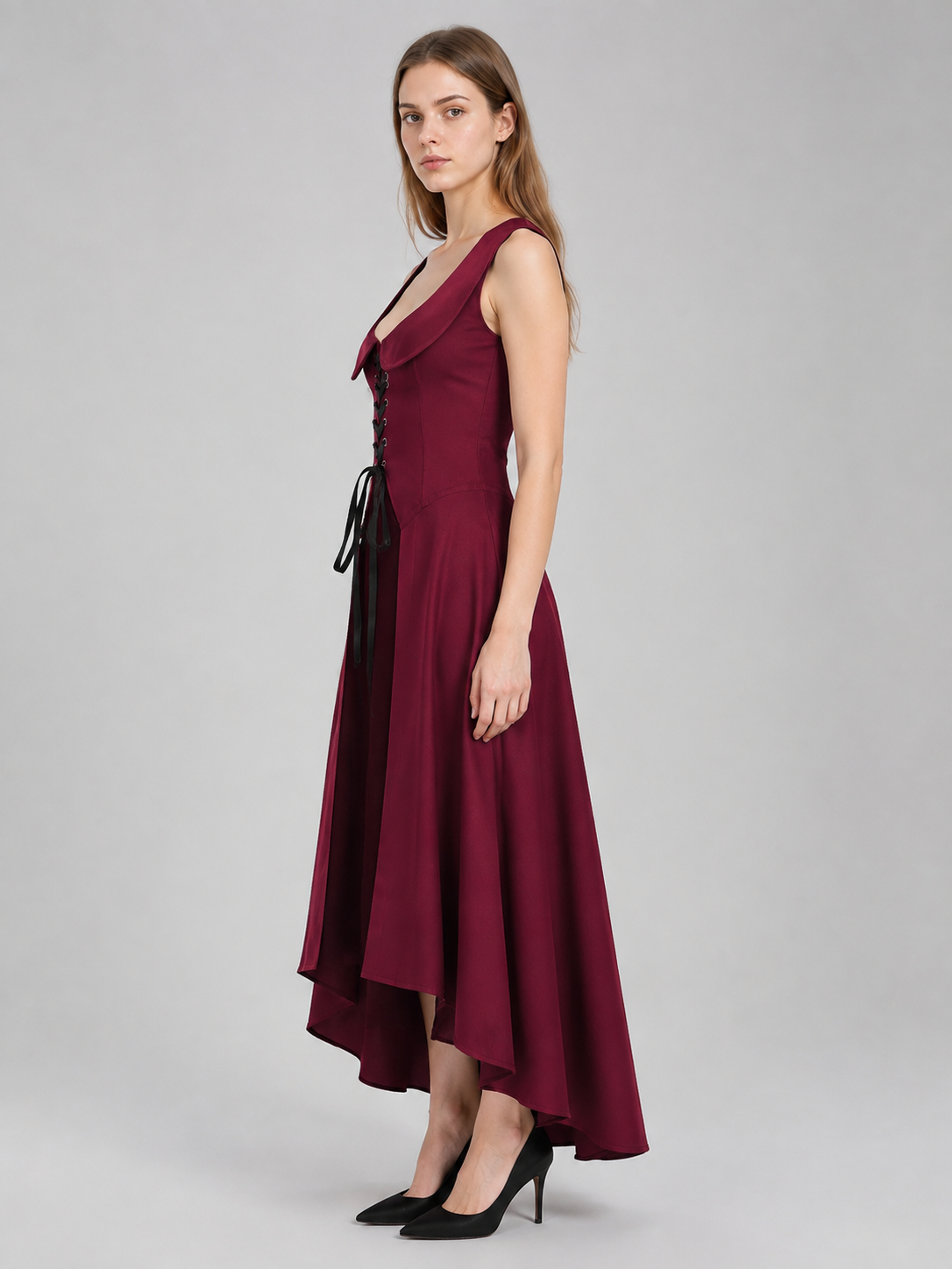 Long Cosplay Dress with Black Lace-Up Detail side view