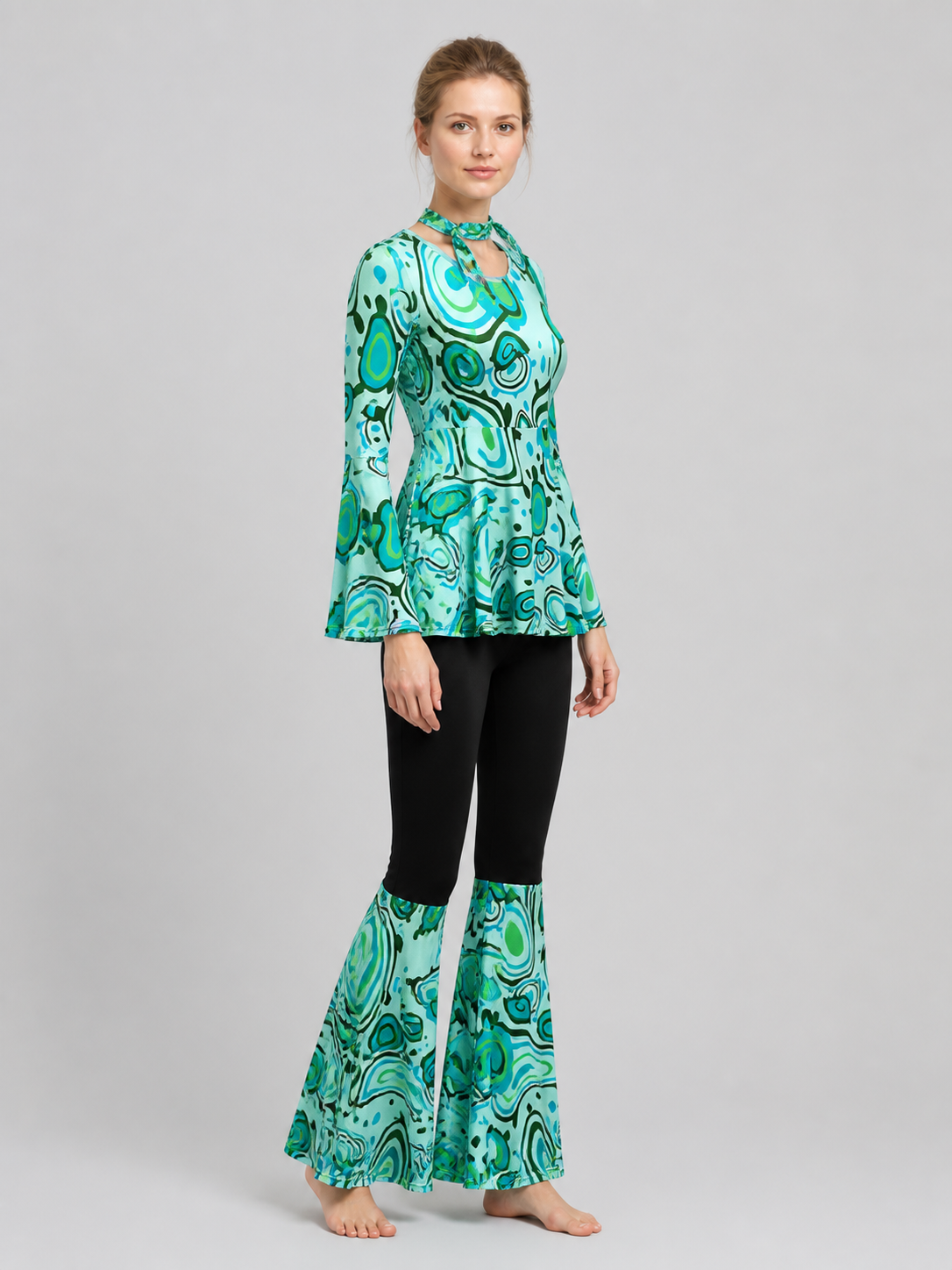 70s Stage Costume with Print: Long-Sleeve Top and Flared Pants side view