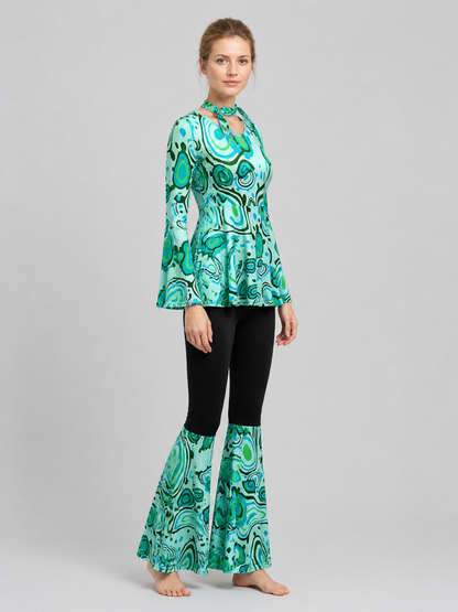 70s Stage Costume with Print: Long-Sleeve Top and Flared Pants side view