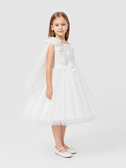 White Full Dress with Lace Embroidery and Flowers side view