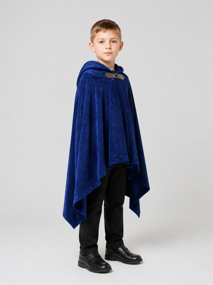 Hooded Cloak Cape with Pointed Hem for Cosplay, Blue side view