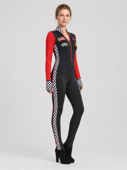 Racing Jumpsuit with Checkerboard Print and Patches side view