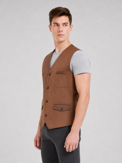 Brown vest with buttons, pockets, and lacing