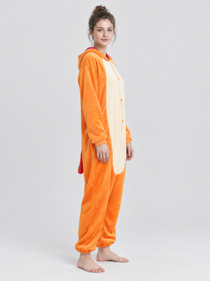 Orange Hooded Pajama Jumpsuit with Light-Colored Panel