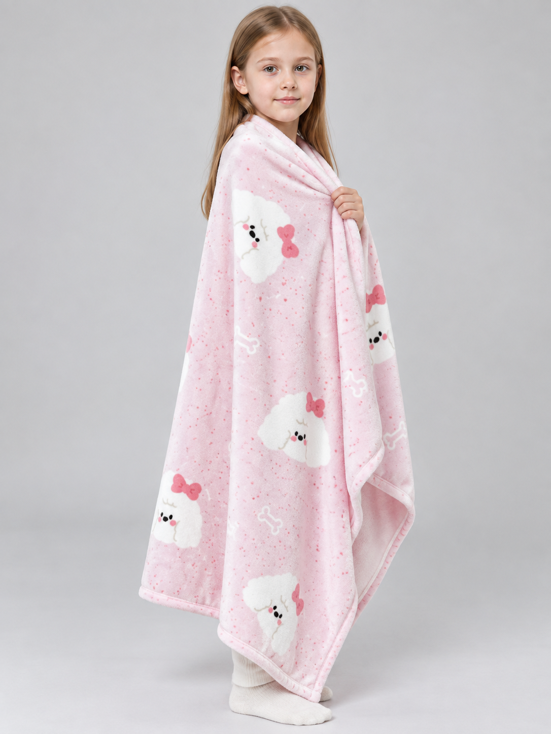 Reversible Light Pink Blanket with Dogs and Bows
