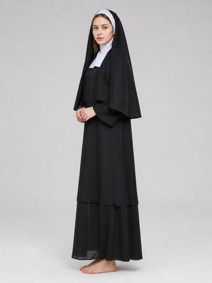 The costume consists of a religious and ceremonial robe in a black-and-white side view