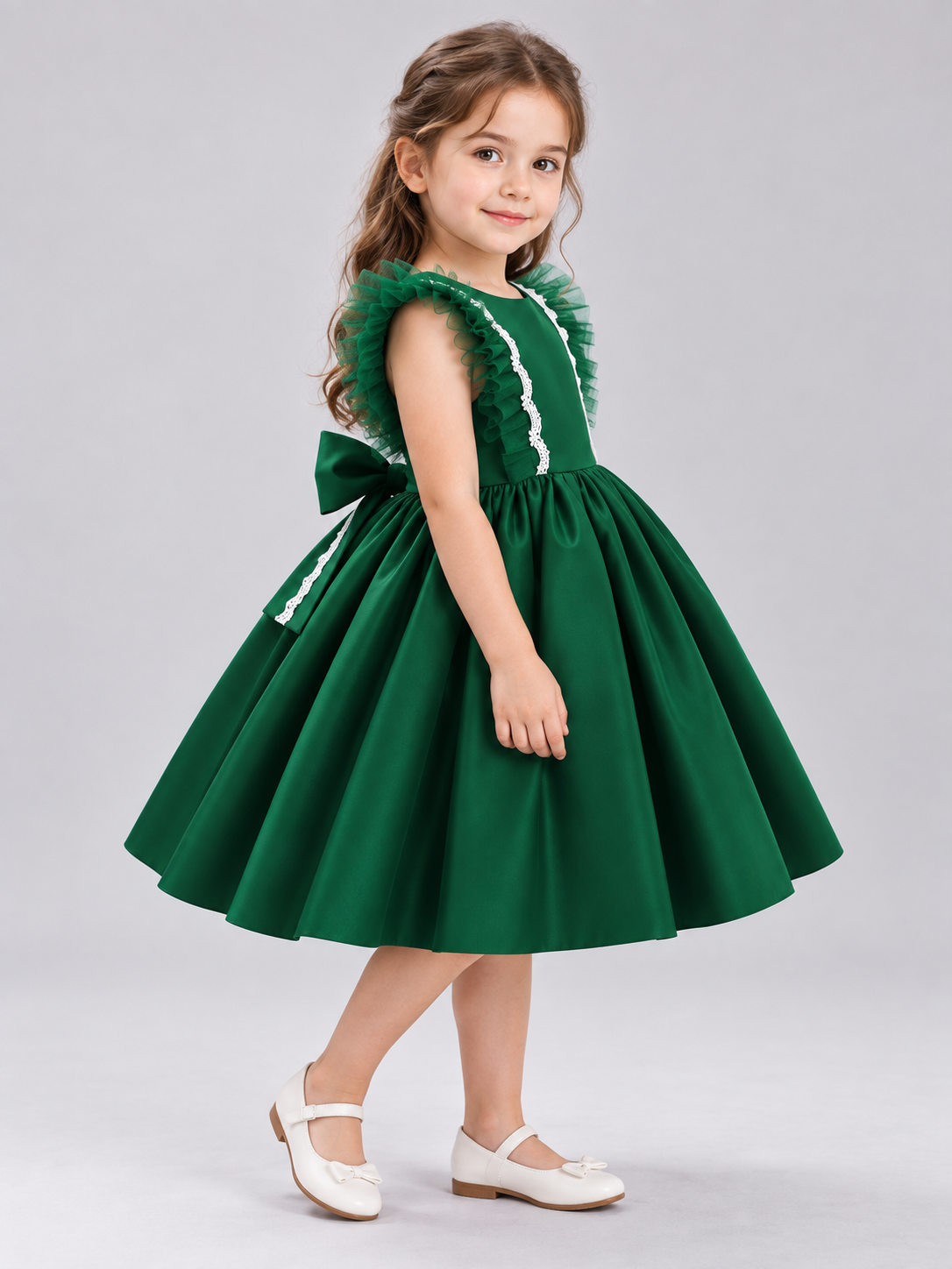 Dark Green Children's Holiday Dress with Lace and Bow