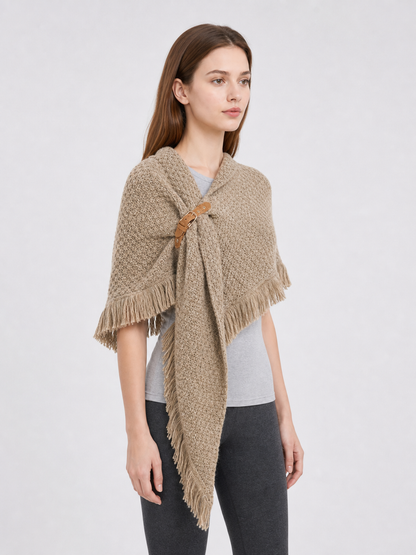 Triangular Wool Shawl with Fringe, Milk Coffee