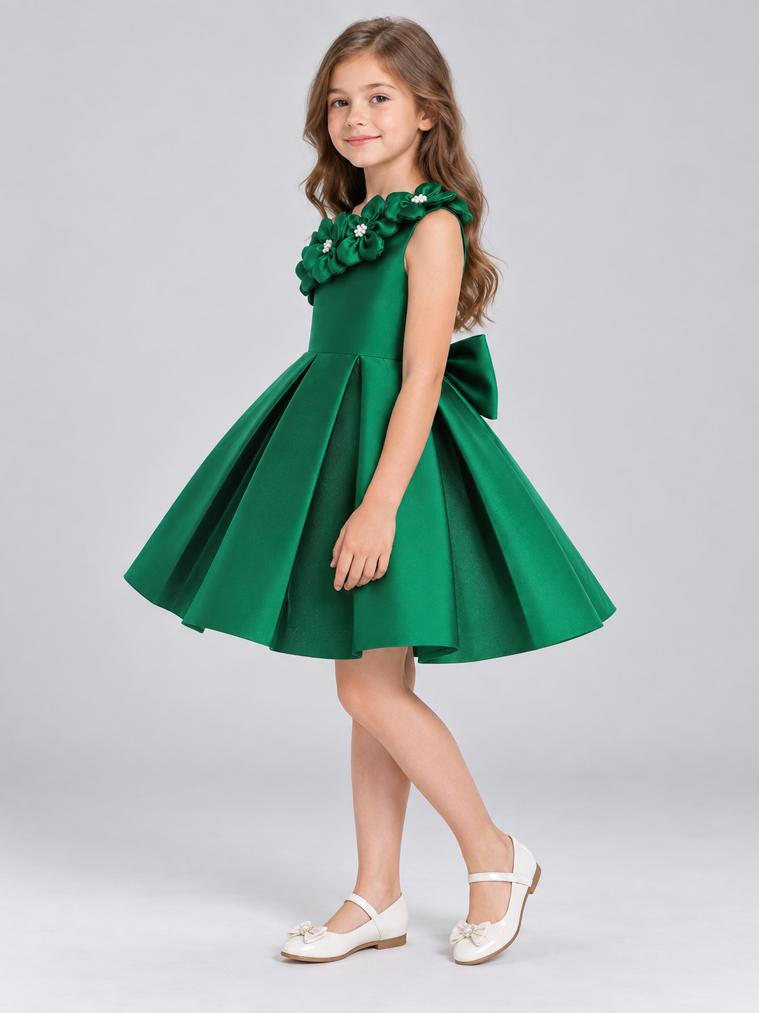 Dark Green Dress with Floral Appliqués side view
