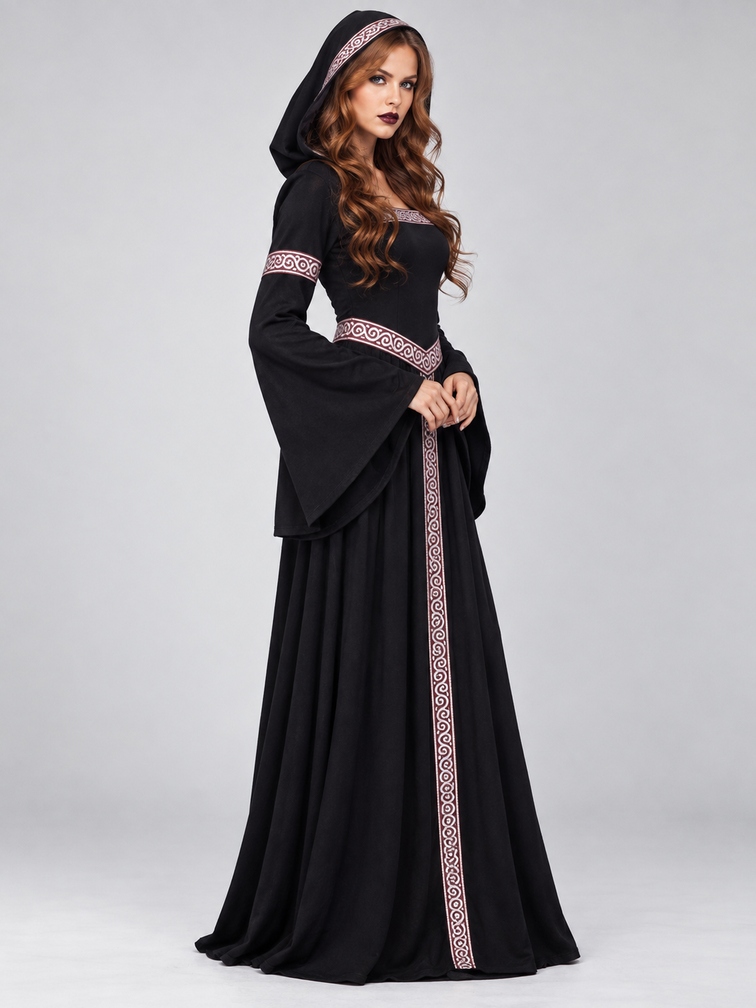 Black Witch Costume with Hood, Belt, and Bell Sleeves