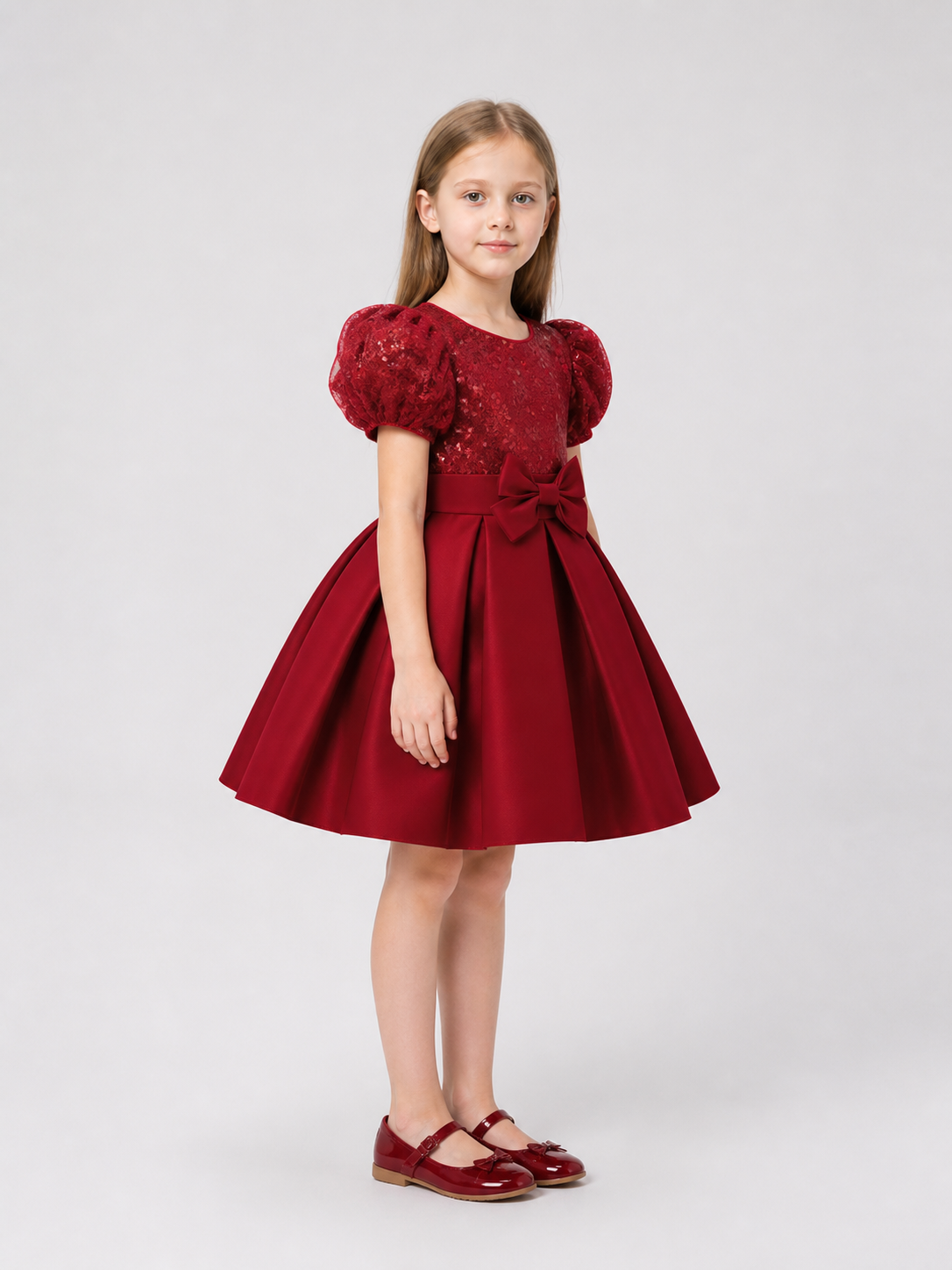 Party Dress with Sequins, a Full Skirt, and a Bow side view