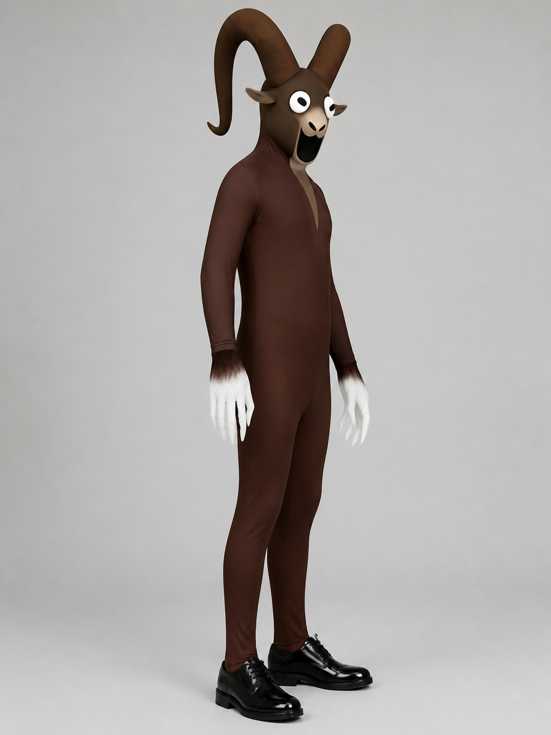 Halloween monster jumpsuit with horns and white paws side view