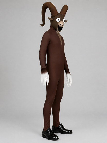 Halloween monster jumpsuit with horns and white paws side view