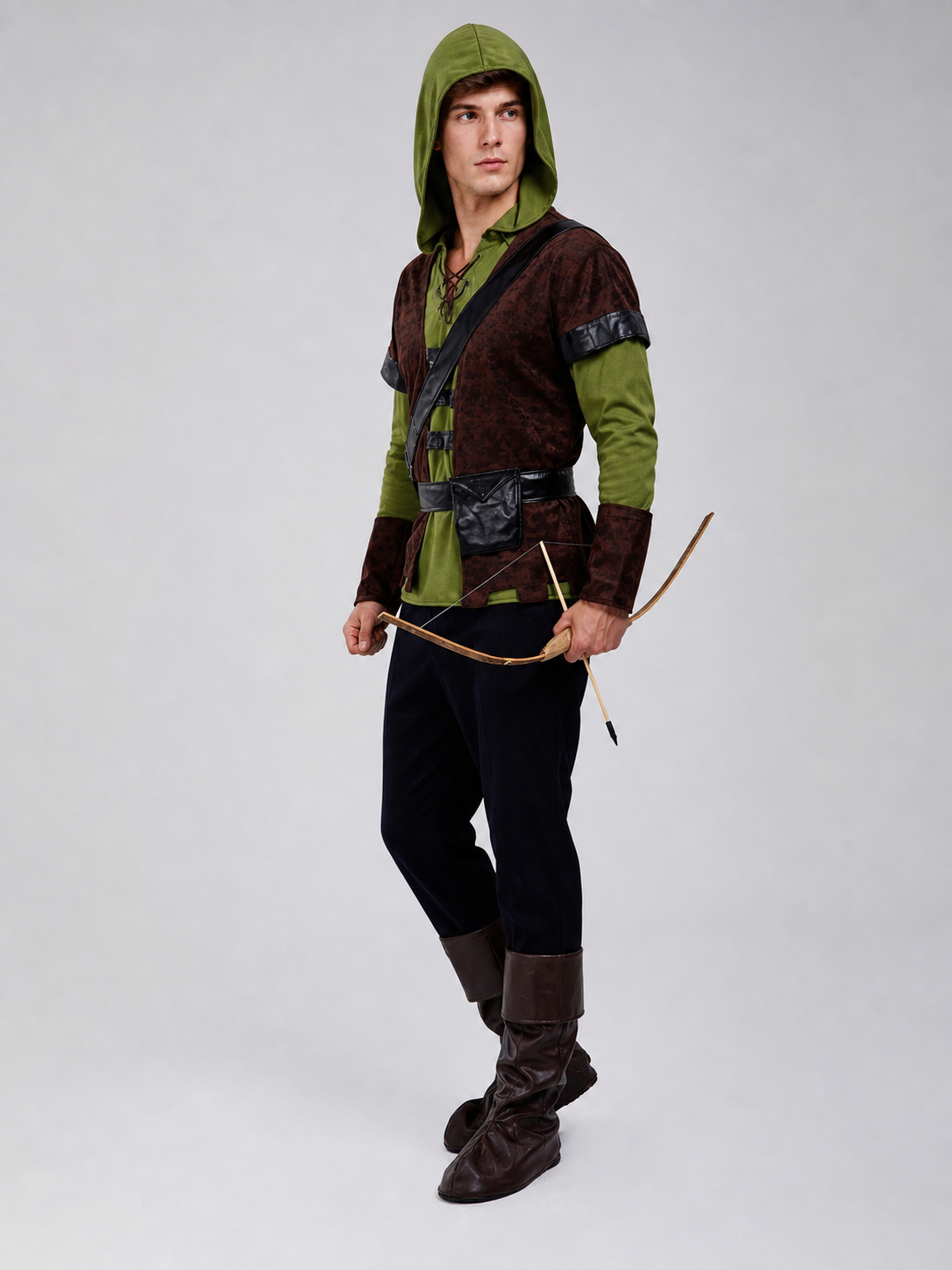 The costume is designed in the style of a medieval forest hero and is suitable for creating a distinctive look for a costume party, cosplay, Halloween, or a themed event. The set includes a complete costume look with a hooded top, lace-up n
