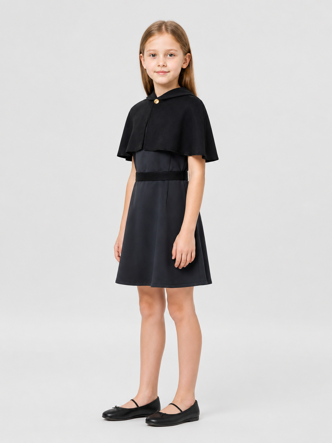 Amity Cosplay Dress, Black, with Belt and Gold Buttons side view