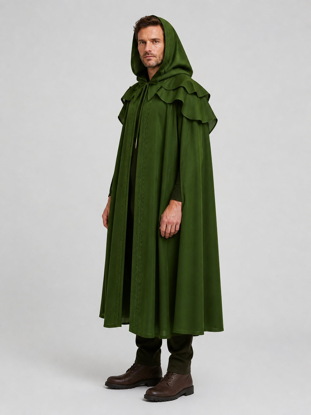 Dark Green Medieval Hooded Cloak for Halloween side view