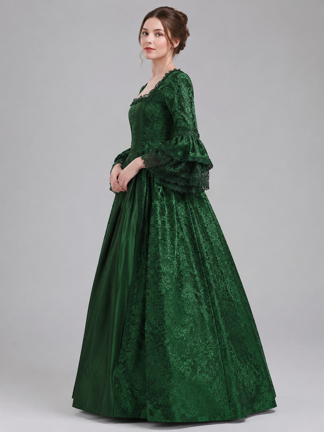 Floor-Length Medieval Dress with Lace and a Full Skirt side view