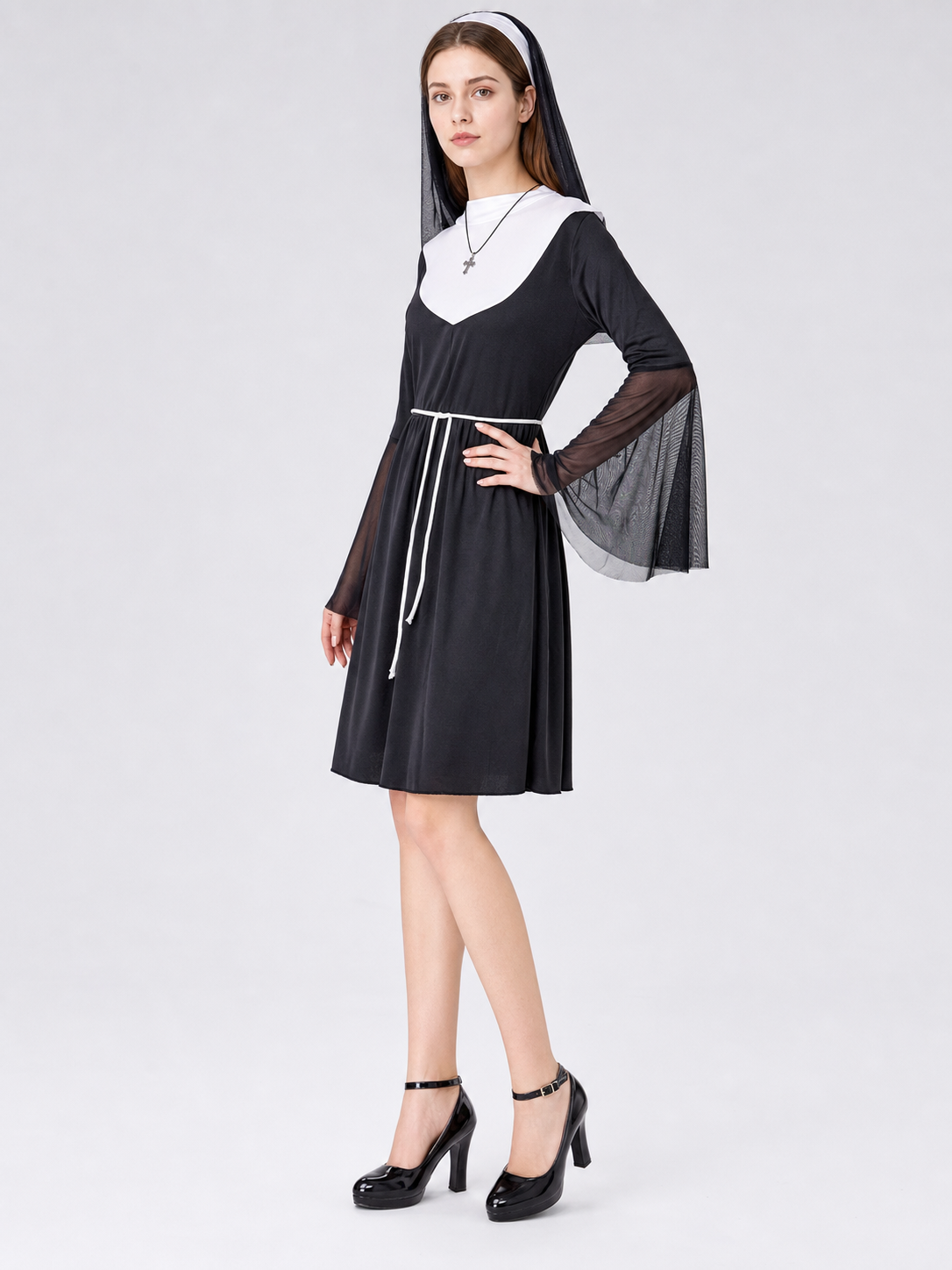 Religious Attire for Cosplay with a Black Veil side view