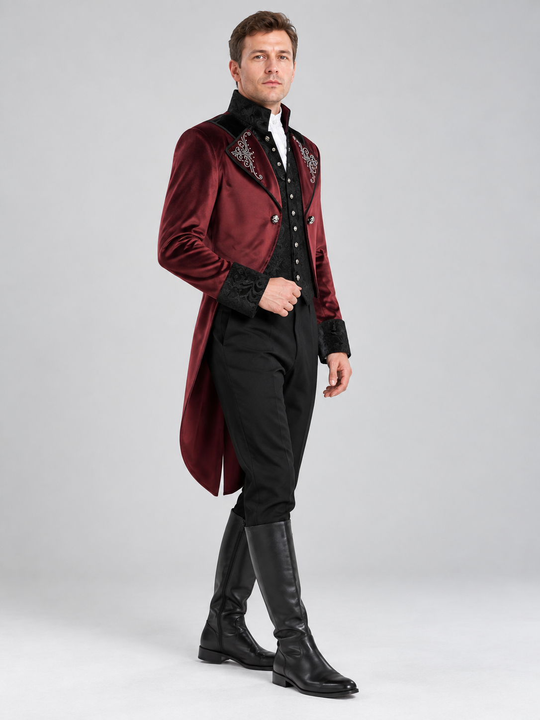 Burgundy carnival tailcoat with black lace