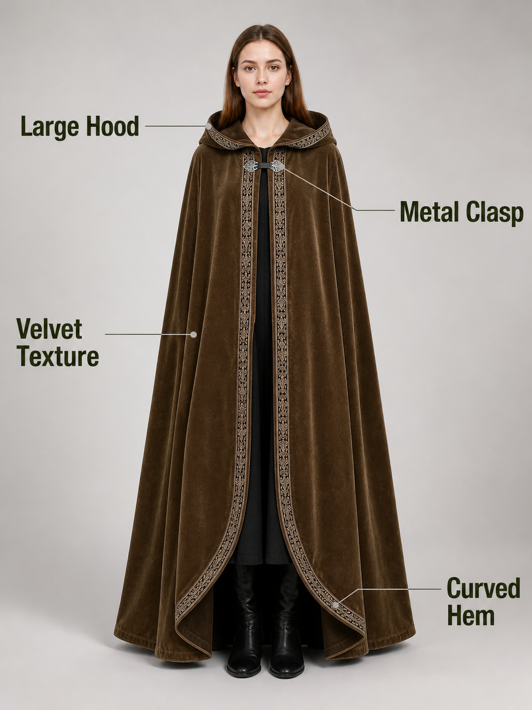Long Hooded Robe, Brown, Loose Fit side view 8