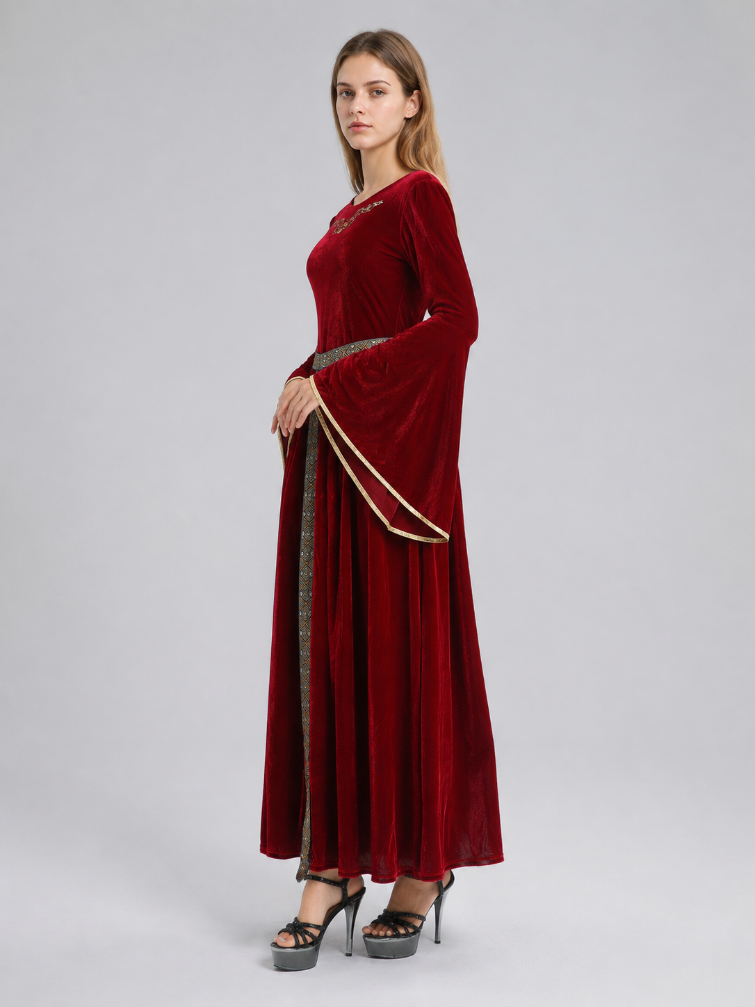 Burgundy Velvet Floor-Length Carnival Dress with Belt side view
