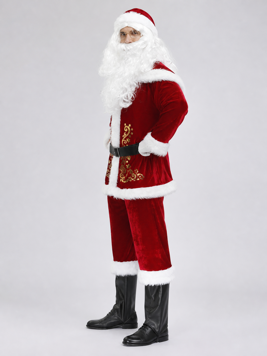 Santa Claus Costume with Beard and Hat, Gold Accents