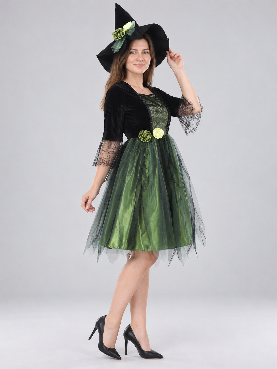 Witch Costume: Dress and Hat, Green with Black