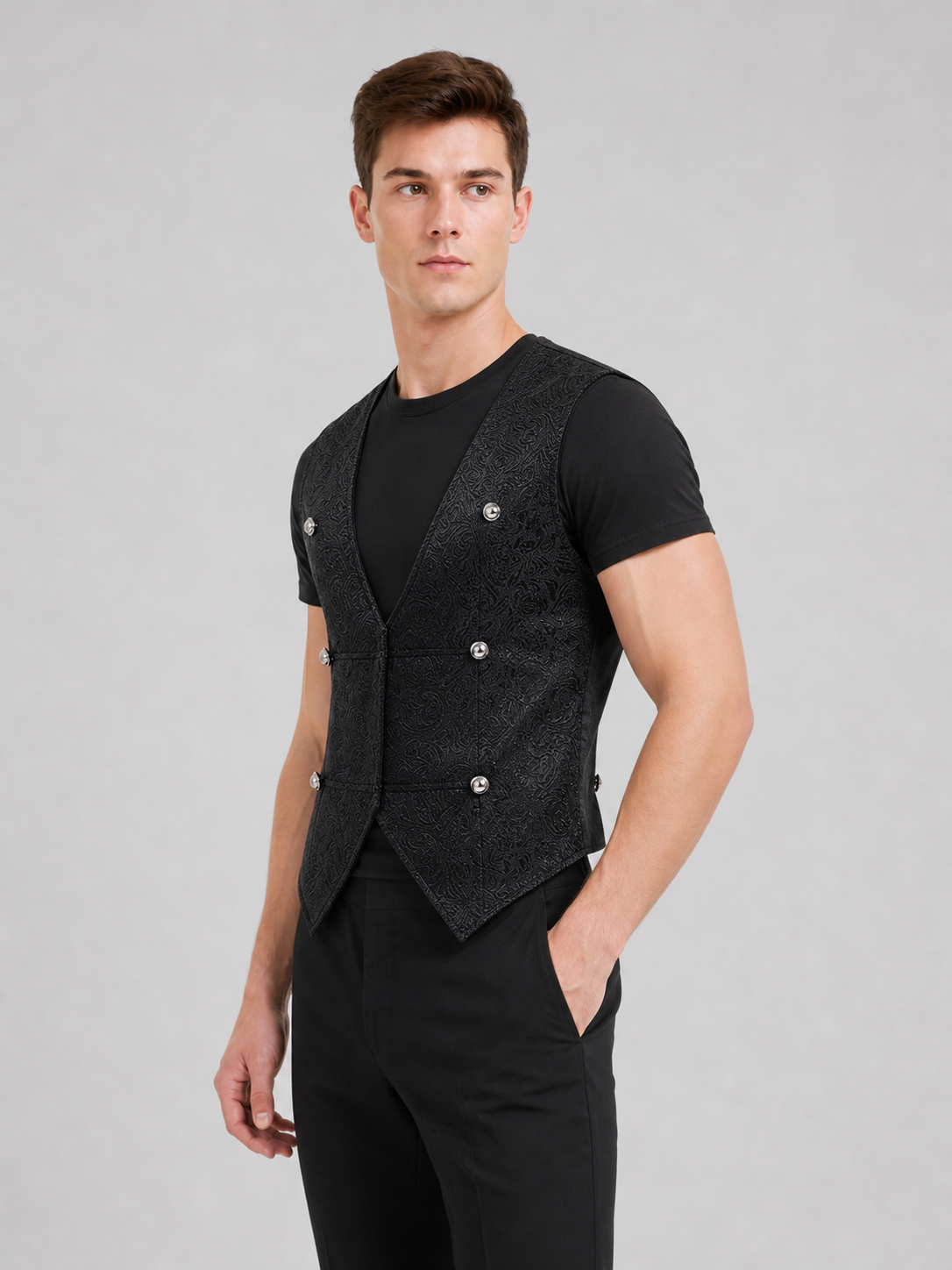 Sleeveless Tailcoat Vest with Jacquard Pattern