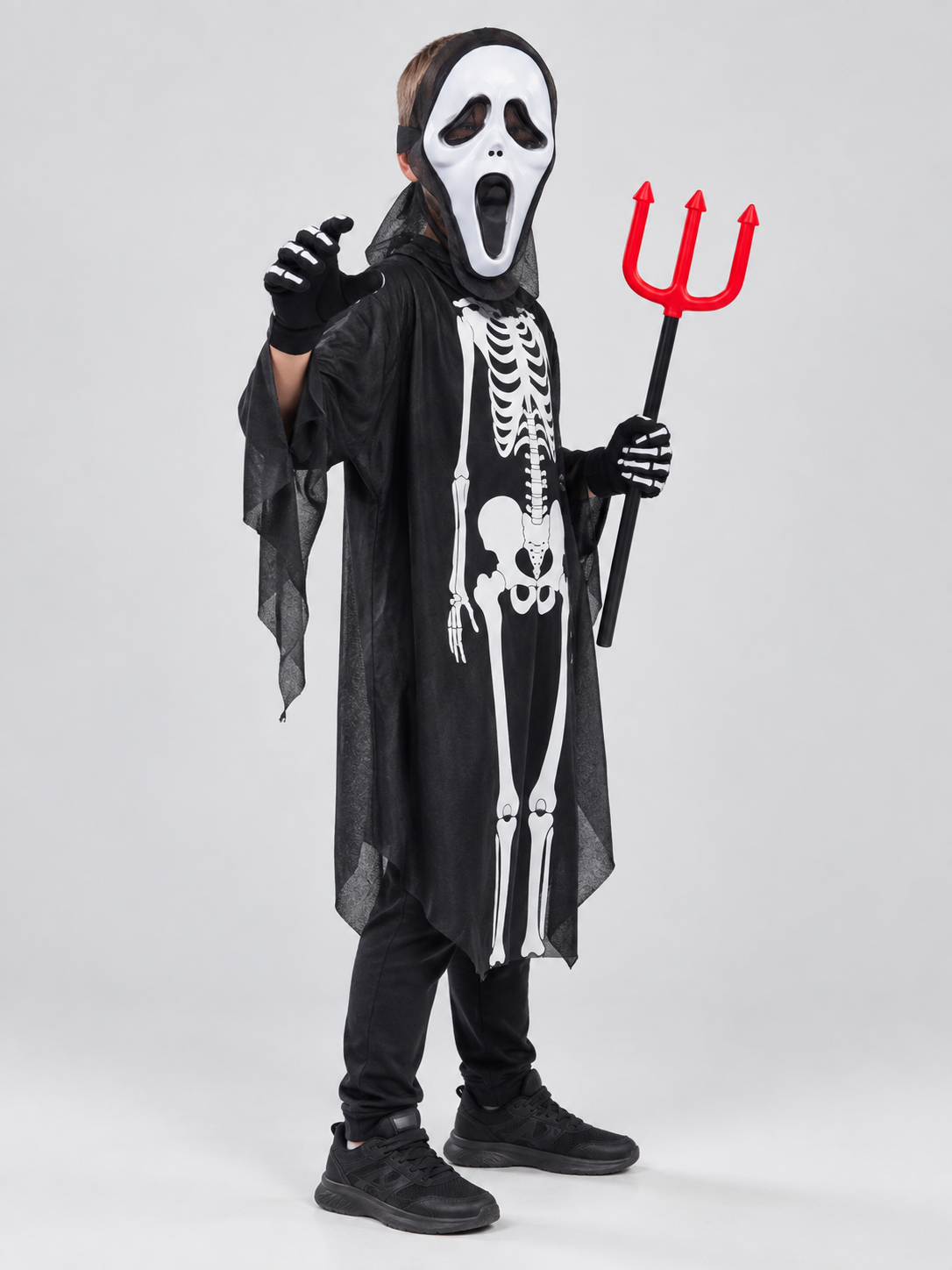 Skeleton Costume with Mask and Trident side view