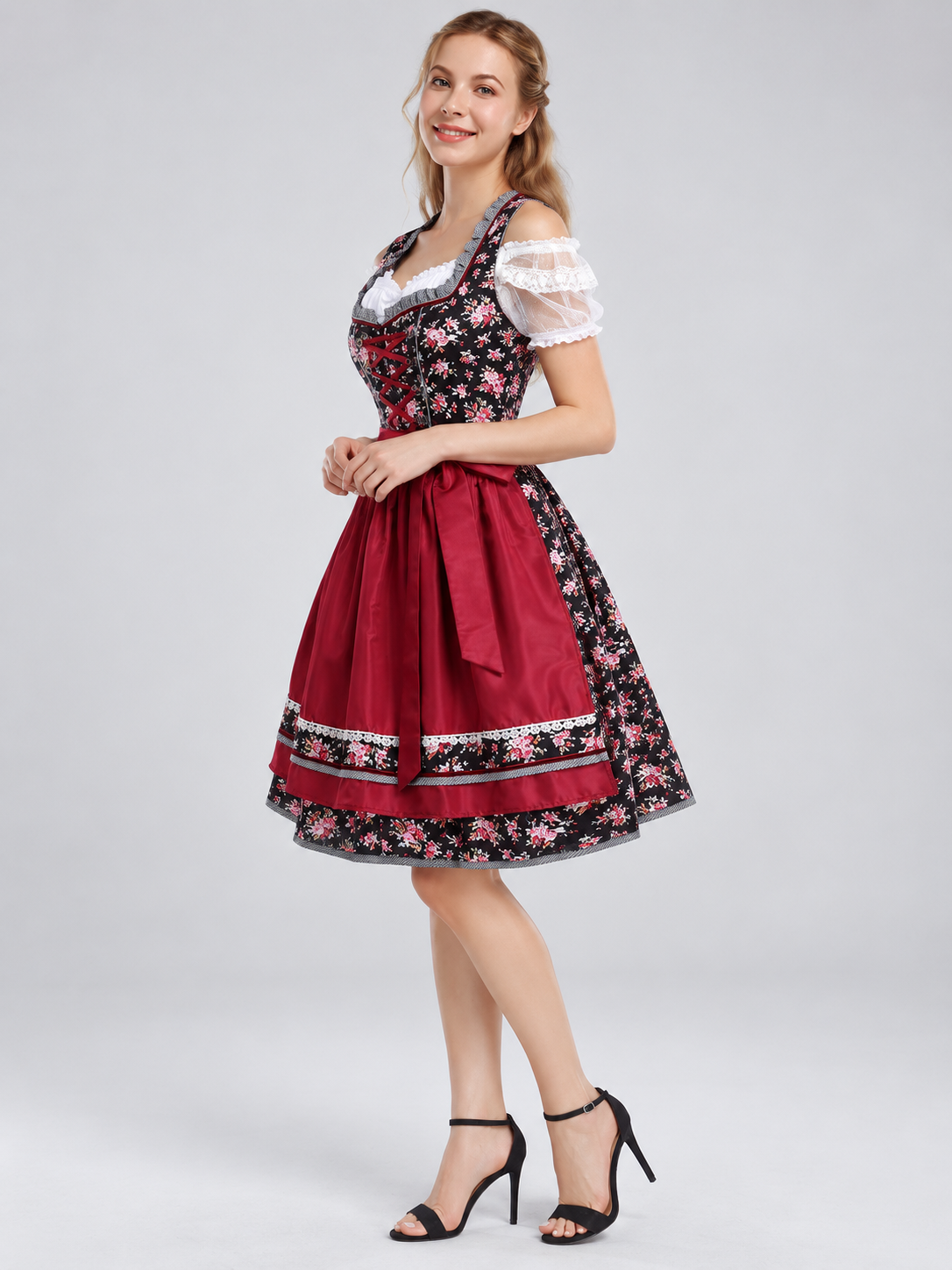 Oktoberfest-Style Dress with Red Apron and Lace