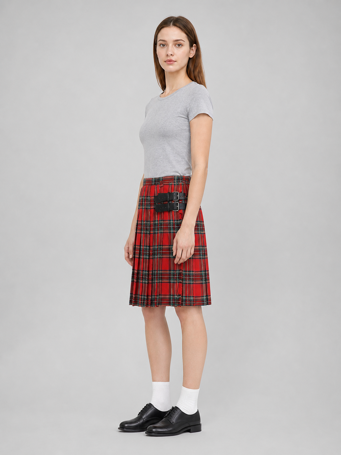 Plaid Pleated Skirt with Black Straps side view