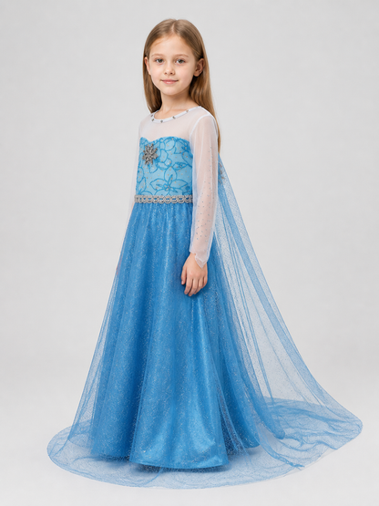 White and Blue Princess Dress with Lace Train side view
