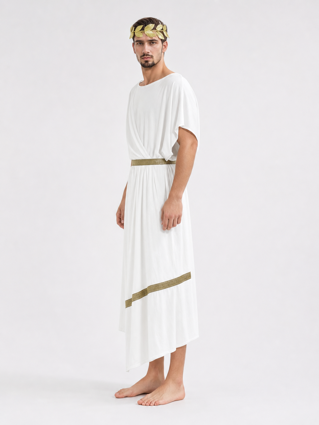 Adult Men's Ancient Greek Costume Set, 3pcs Draped Robe With Gold Trim, Waist Belt And Laurel Wreath For Cosplay Theme Parties