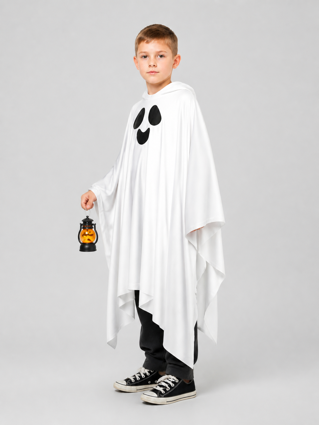 White Ghost Costume with Black Face and Jagged Hem