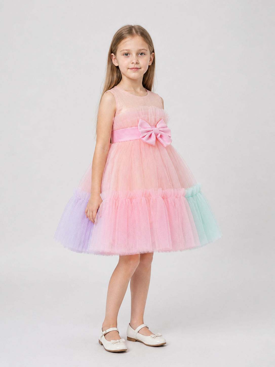 Fluffy Dress with Rainbow Tulle Skirt and Bow side view