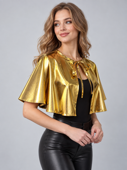 Short gold-tone faux leather cape with ties