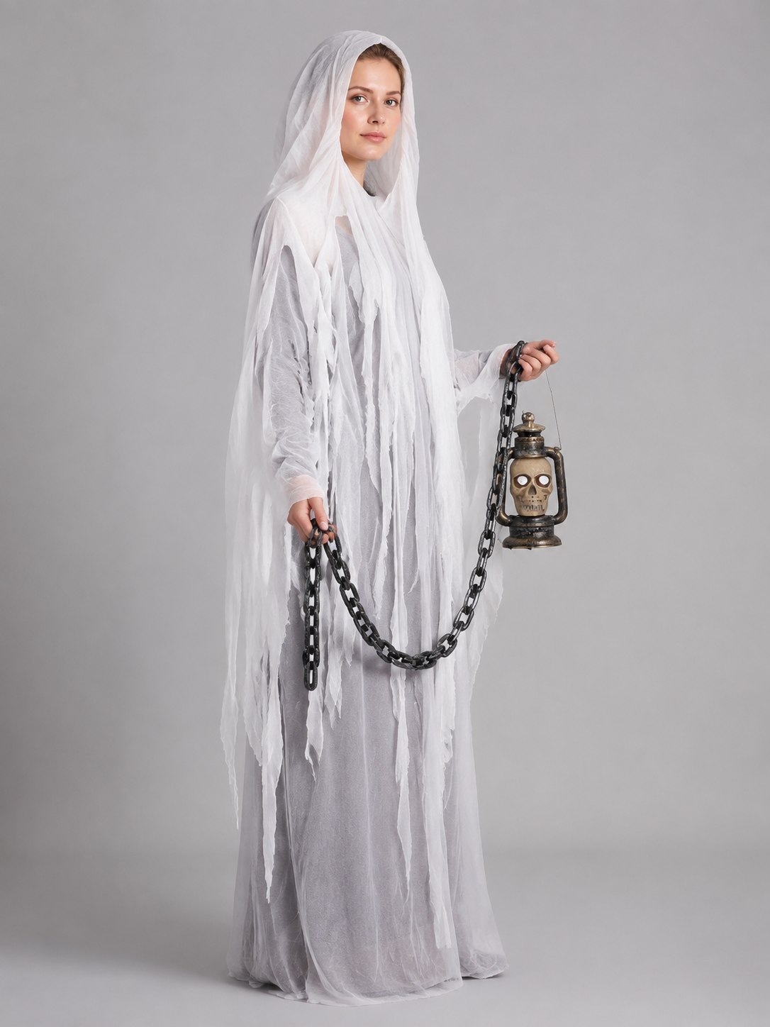 Hooded Ghost Costume with Chain and Lantern side view
