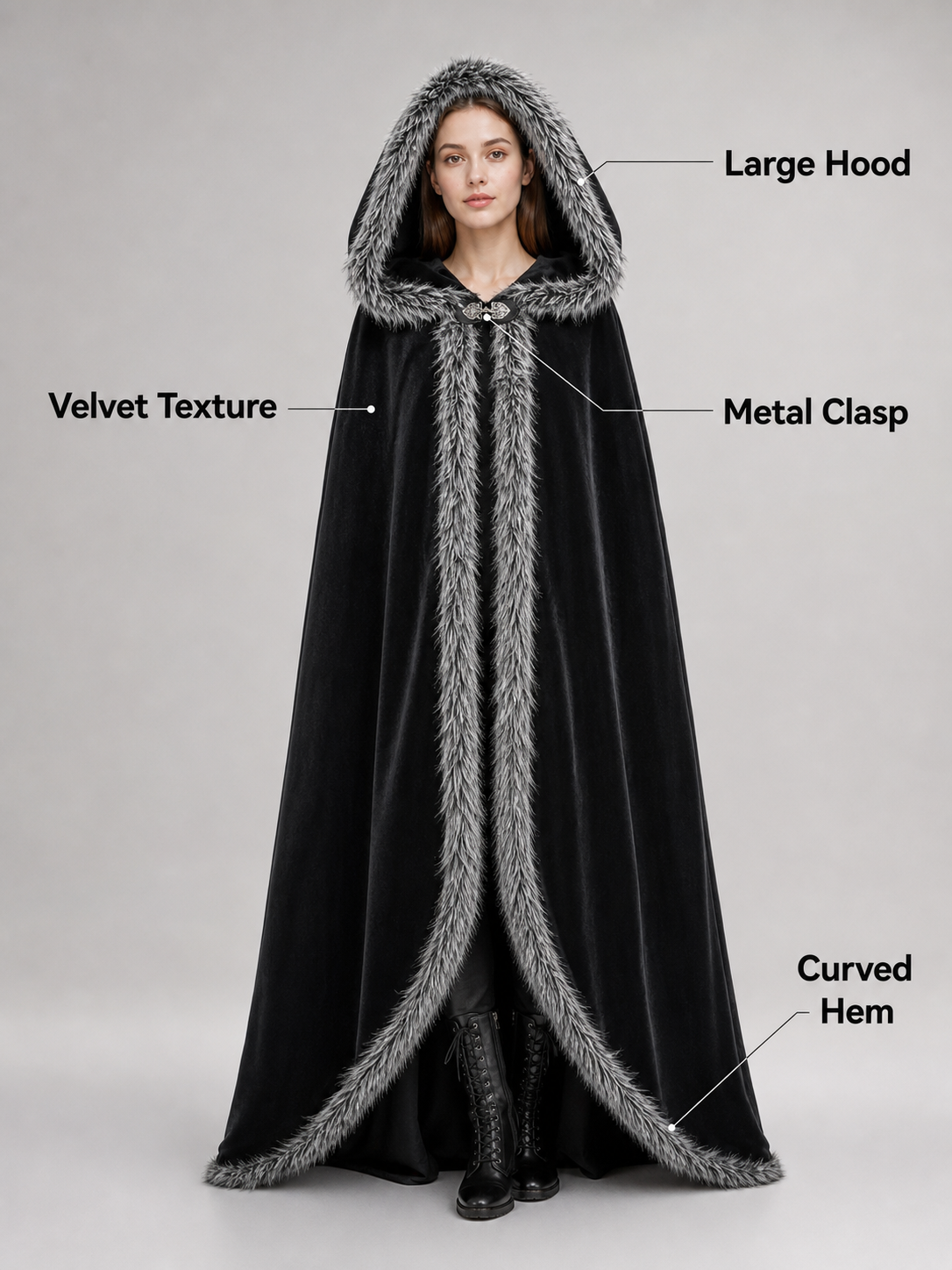 Black carnival cape with hood and shaggy trim