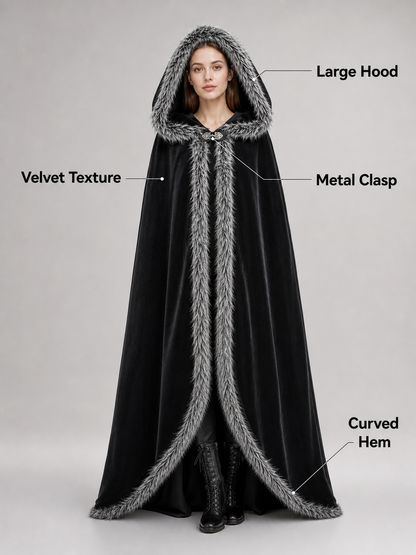Black carnival cape with hood and shaggy trim