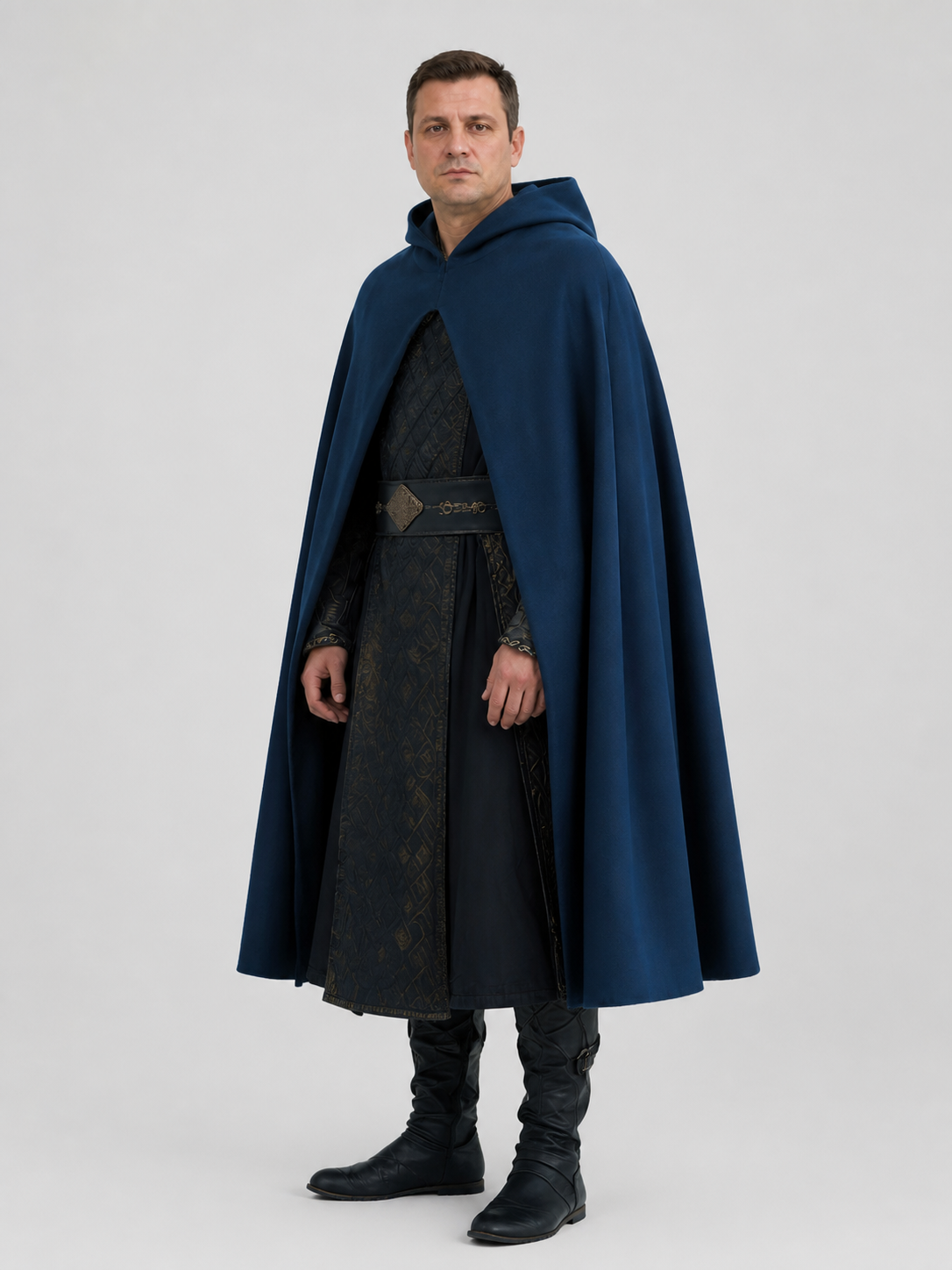 Medieval Long Blue Hooded Cloak for Adults side view
