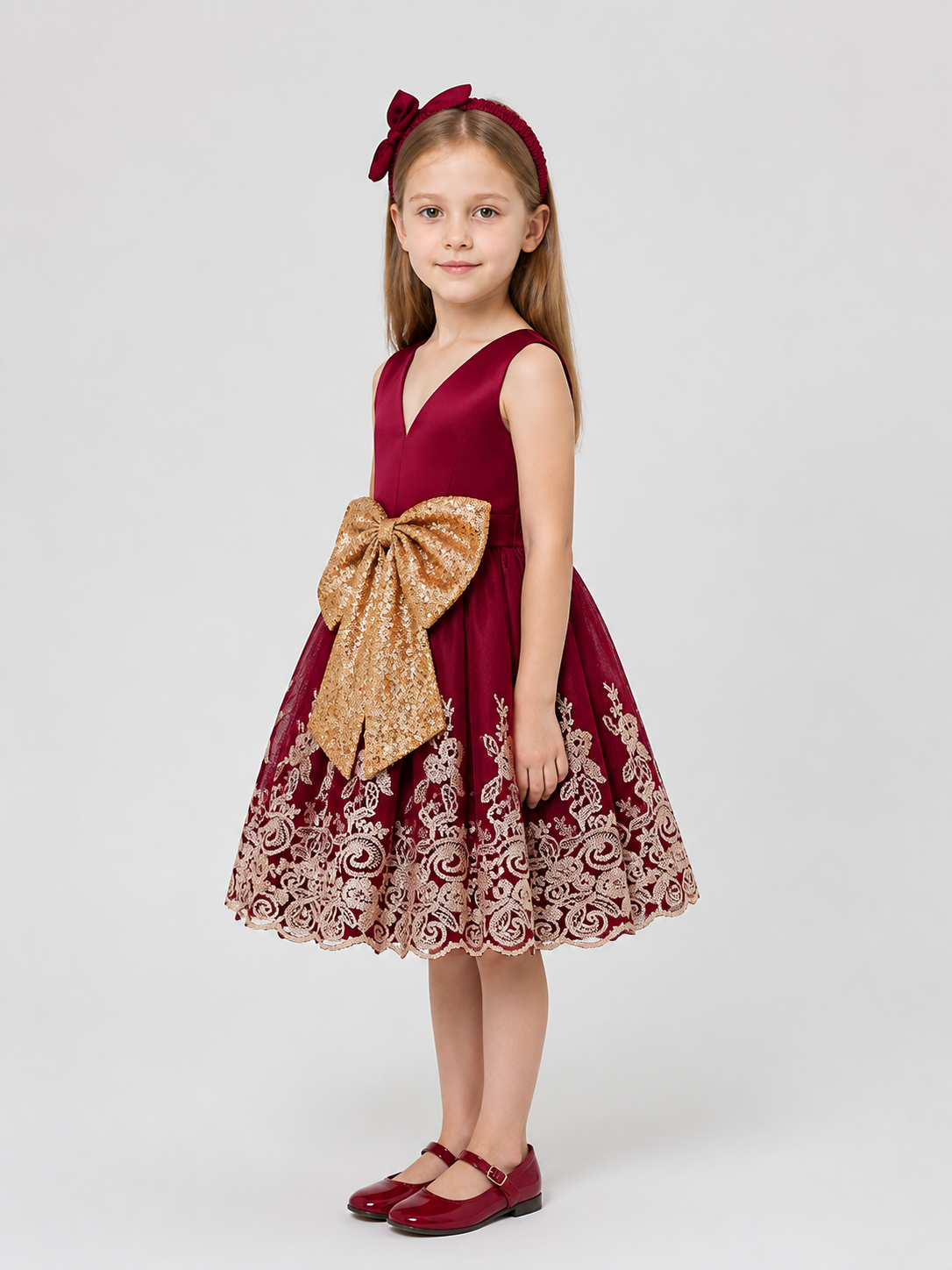 Girls' Sequin Princess Dress with Bow and Lace side view