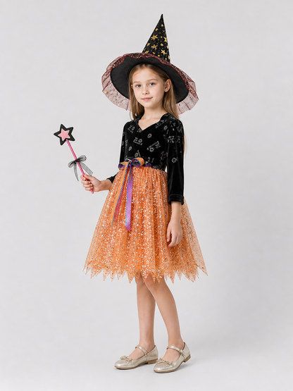 Carnival Costume with Dress, Hat, and Magic Wand side view