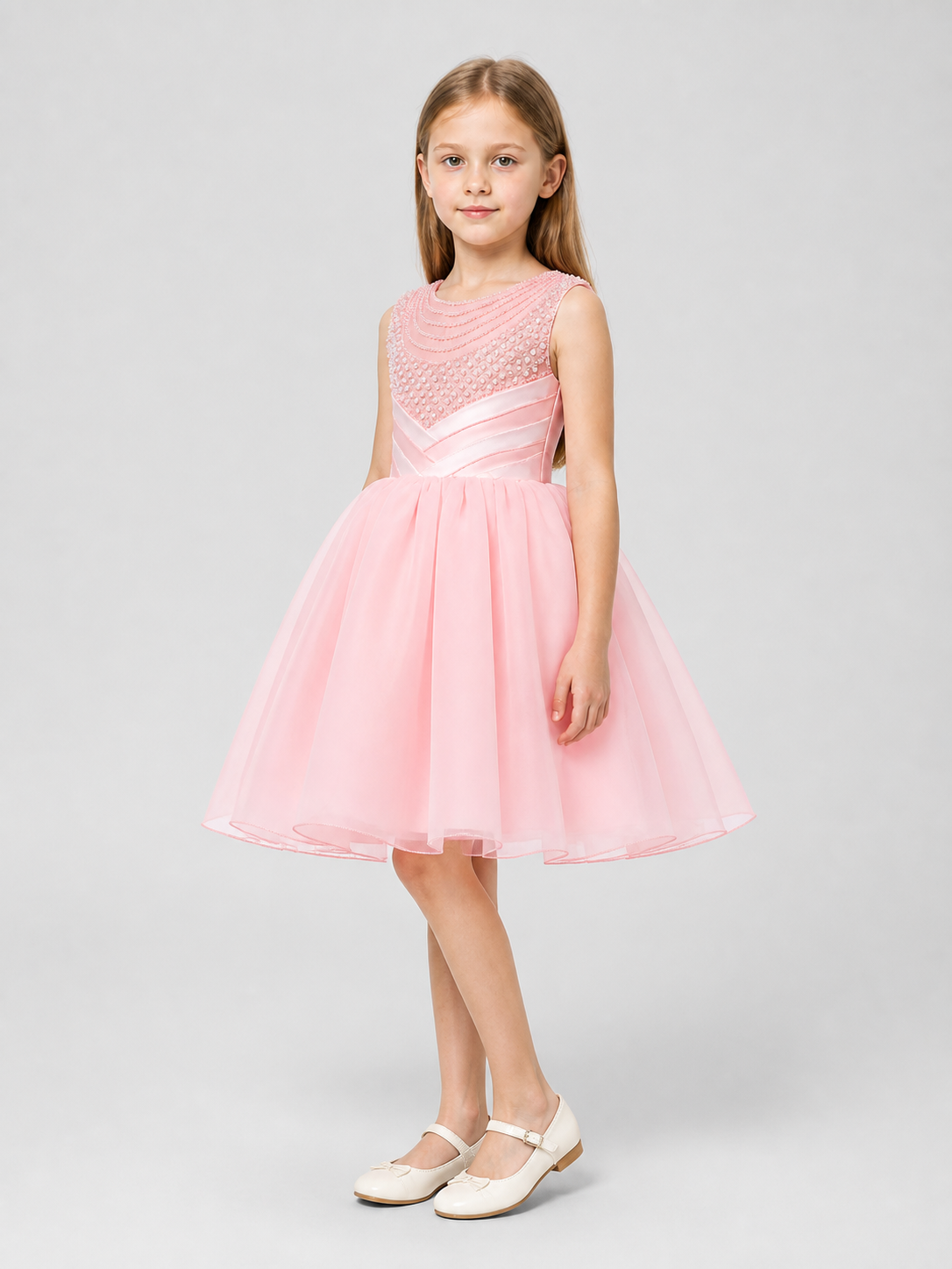 Festive Girls' Full Dress with Pearl Embellishment side view