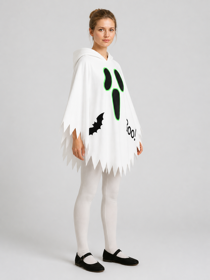 White Halloween Hooded Cape with Ghost Print side view