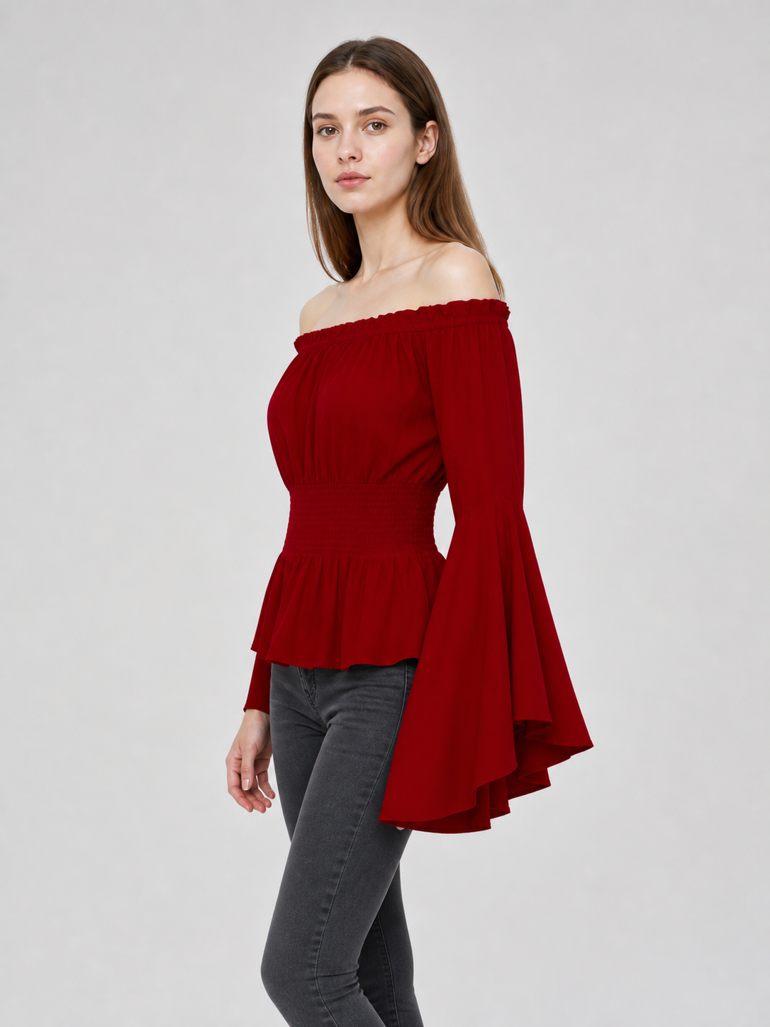 Long-Sleeve Peplum Blouse, Deep Red
